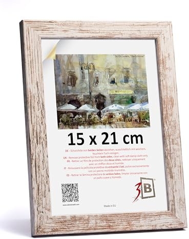 3-B Bilderrahmen HIT - Weiß Rustikal (optisch gealtertes Weiß mit sichtbarer Holzmaserung) - 15x21 cm (A5) - Holzrahmen, Fotorahmen, Dokumentenrahmen mit Acrylglas