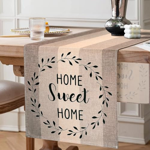 MAIXUN Tischläufer Modern 40x140 Beige Braun Läufer Tisch Leinen Streifen Holzmuster Rustikale Retro Platzsets Creme Table Runner Saisonnal Küche Tisch Dekoration Drinnen Urlaub Party Dekor