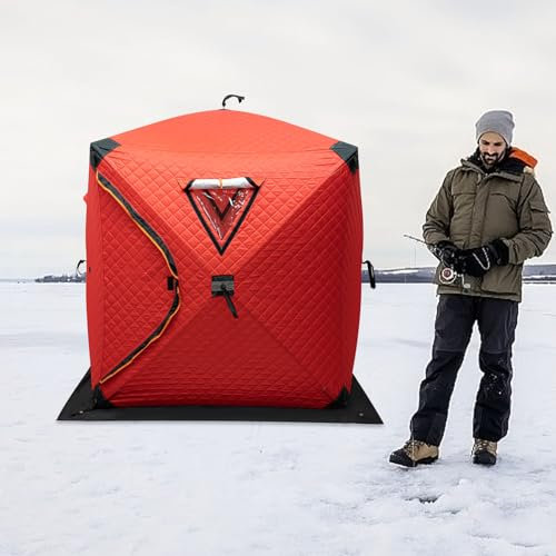 Angelzelt 2 Mann, Tragbare Freistehendes Isoliertes Zelt 210D Oxford Tuch und Fiberglas Rods 1-2 Menschen Quadrat EIS Angeln Zelt Allround Schutz für Parks Hinterhöfe (Rot)