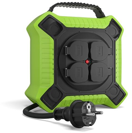 MutecPower Alargadera 10 metros IP44 enrollacables 10m enrollador de cable para exteriores con 4 tomas schuko de corriente protegidas, alargador H05RR-F 3G1,5 Negro/Verde