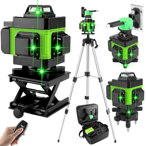 Kreuzlinienlaser mit Stativ, 16 Line Laser Level IP54 Wasserwaage 360° Kreuzlinienlaser Selbstnivellierend +1.5M Stativ +2400mAh Akku für Verlegung Bodenfliesen (Grün)