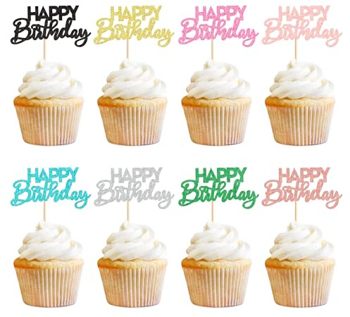 Blumomon 32Pcs Happy Birthday Cupcake Toppers Happy Birthday Cupcake Picks Birthday Cake Decorations Baby Shower Anniversary Party Supplies