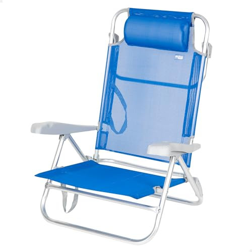 AKTIVE Silla playa plegable, 8 posiciones, Color azul, 47x49x82 cm, Incluye cojín acolchado, Asas de transporte, Soporta 110 kg, Sillas respaldo reclinable, Multiposición (62668)