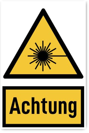 Aufkleber: 300x200 mm, 1 Stück - Signalwort Achtung vor Laserstrahl - Warnzeichen mit Text (deutsch) (gelb/schwarz) - hochkant - W004 - DIN EN ISO 7010 / ASR A1.3