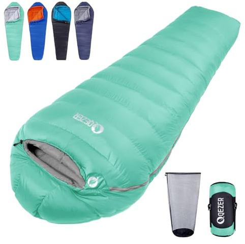 QEZER Down Sleeping Bag 4 Season, Lightweight Winter Sleeping Bag 0 Degree to -12 Degree C for Adults and Kid Camping, Hiking and Backpacking Outdoor Filled 600+FP Down (Green)