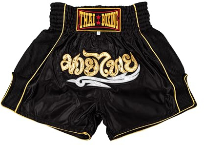 MUAY NATION Shorts de Boxe Thaï pour Hommes et Femmes, Shorts de Muay Thai, vêtements d'entraînement, Short d'arts Martiaux (FR/ES, Alpha/Lettres, L, Taille Normale, Taille Normale, Classique Noir)