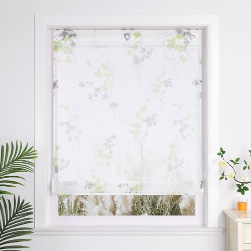 Yujiao Mao Ösenrollo mit Blumendruck modern landhausstil halbtransparenter Raffrollo mit hakenaufhängung für Fenster 1 Stück, grün BxH 80x140cm