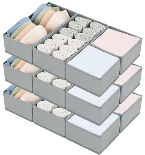 DIMJ Organizer per Cassetti 12 Pezzi Organizer per Armadio, Divisori per Cassetti Separatori per Cassetti Organizzatore Cassetti, per Calze, Biancheria Intima, Grigio Chiaro