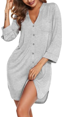 Ekouaer Camison Mujer Dormir Invierno Ropa de Dormir Vestido Manga 3/4 Ropa de Descanso Camison Lactancia, Gris Claro S