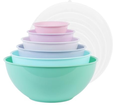 BoxedHome Lot de 12 bols mélangeurs réutilisables avec couvercle - En plastique - Antidérapants - Empilables - Pour la cuisine (6 bols et 6 couvercles) - Rose et vert
