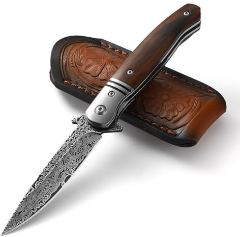 DRACHENADER Couteau de poche, couteau de poche damas navaja outdoor manche en bois avec clip et fourreau, (33+1+33) 67 couches lame en acier damas avec noyau VG10, cadeau pour la collection