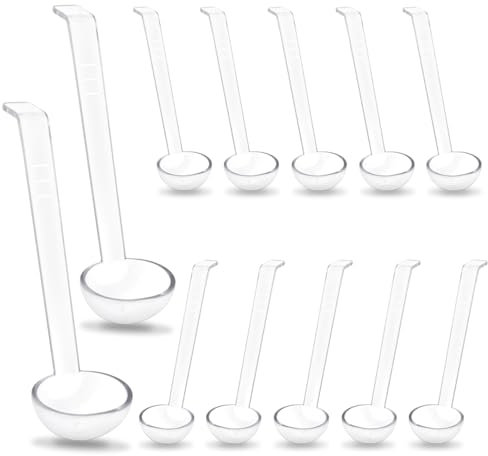 12 Pcs 7 Inches Small Ladle Clear Plastic Sauces Bowl Serving Spoons with Long Handle for Dressing Soup Fruit Juices Parties