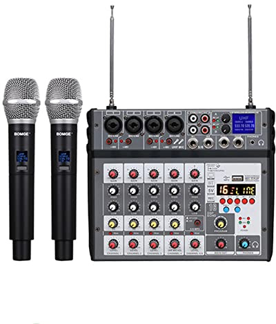 Portable 4 Channel DJ Mixer Professional Audio Mixer with 2 Wireless Microphones USB Bluetooth MP3 Reverb Effects for Party Studio