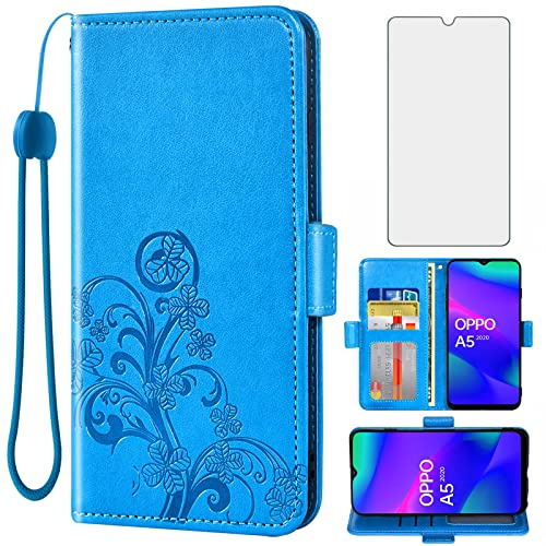 Asuwish Compatible with OPPO A9 2020/A5 2020/A11/A11x Wallet Case and Tempered Glass Screen Protector Flip Purse Accessories Wrist Strap Credit Card Holder Cell Phone Cover for 5A 9A Women Men Blue