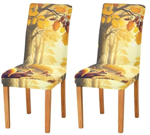 ODAWA Stuhlhussen mit Herbst-Eichhörnchen, Wald, weich, abnehmbar, Esszimmerstuhlhussen für Abendkleid, Partykleid, 4 Stück