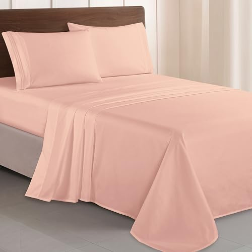 Elegant Comfort Luxurious 1500 Premium Hotel Quality Microfiber Three Line Embroidered Softest 4-Piece Bed Sheet Set, Wrinkle and Fade Resistant, King, Blush Pink