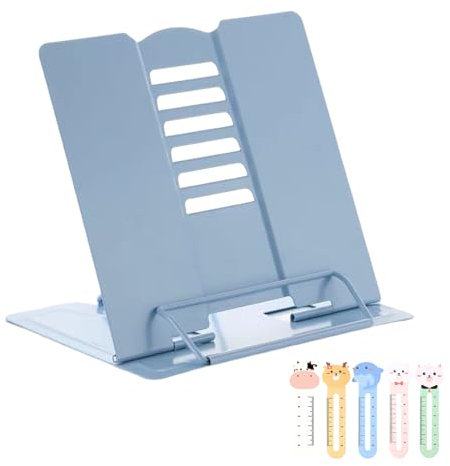 Faltbarer Buchständer aus Metall für Kinder,Leseständer für Bücher,Verstellbar Leseständer,Kochbuchhalter,Rutschfest Kinder Buchständer,Leseständer aus Metall,mit 5 pcs Lesezeichen Für Kinder(Blau)