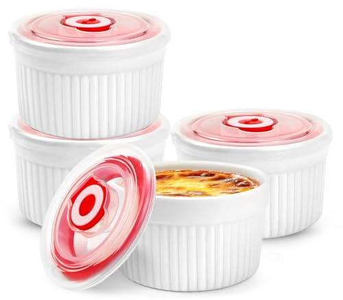 WPPQWP Juego de 4 cuencos de cerámica para crema Brulee, diámetro de 9 cm, 220 ml, con tapa, aptos para horno, para pudin, postre, mini cazuela, color blanco, para hornear en la cocina