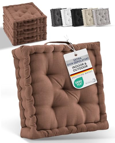 Beautissu Set di 4 cuscini da pavimento 50x50 cm - Cuscino materasso spesso 10cm - 100% cotone cuscino per sedia da interno e da esterno cuscino da pavimento con maniglia cuscino marrone - Mila