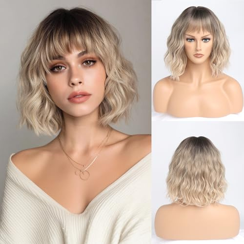 YaissmyLu Ombre Blonde Perücken Asche Blonde Perücke mit Stirnfransen Kurze Wellige Perücken Schmutzige Schulterlang Kunsthaar(30 cm)