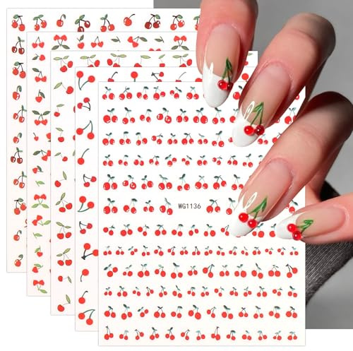 JMEOWIO Nagelsticker Kirschfrucht 6 Blatt Nail Art Sticker Selbstklebend Nagelaufkleber Dekoration Nageldesign Zubehör