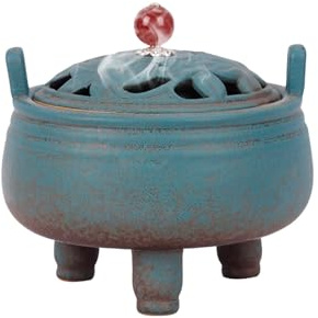 Ceramic Incense Burner Sandalwood with Lid, Agate Double Handle Incense Burner for Sticks, Cones, Wax Melts, Charcoal and Resin, Traditional Oriental Zen Home Decor