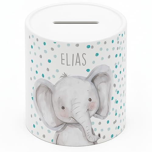 Personalisierte Spardose Kinder mit Namen – Keramik Sparschwein als Taufgeschenk, Geburtstagsgeschenk & Einschulungsgeschenk – Spardose Mädchen & Jungen, Geschenke zur Taufe - Elefant-Grau (8x9,5 cm)