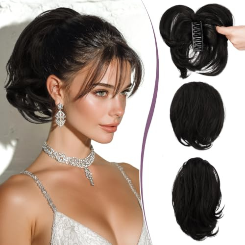 RUWISS Pferdeschwanz Haarteil mit Klammer Echthaar Kurze 22cm Ponytail Extension mit Biegbaren Metall für DIY-Frisuren Gerade Messy Bun Haarteil für Damen, Natürlich Schwarz