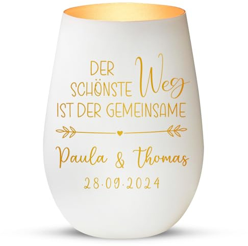 Love Faith personalisiertes Windlicht - Gemeinsamer Weg - weiß/Gold | Mattiertes Teelichtglas mit Namensgravur - Stimmungsvolles Geschenk zur Hochzeit & zum Jahrestag für Brautpaare