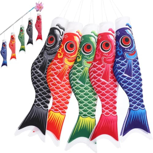 ibasenice 5 pezzi di Koinobori giapponesi a forma di carpa, aquiloni di pesce in raso di colori assortiti, 14,56 pollici, decorazione per la Festa dei Bambini, casa