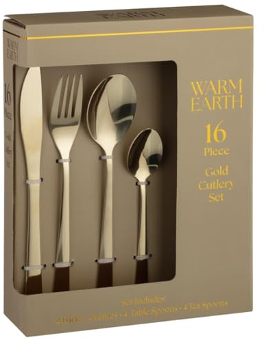 New 16-Piece Gold Cutlery Set – Elegant Design – Includes Forks, Knives, Spoons & Teaspoons – Luxury Tableware for Dining Table & Kitchen A-86