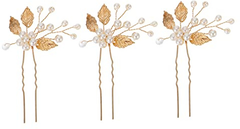Horquillas de Pelo de Boda Doradas Hojas y Perlas, 3 Piezas