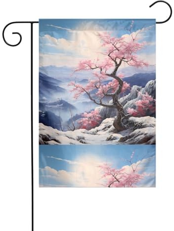 BROLEO Fleurs de prunier sur des montagnes enneigées - Mât de drapeau de jardin - Décoration extérieure - Double face - 30,5 x 45,7 cm