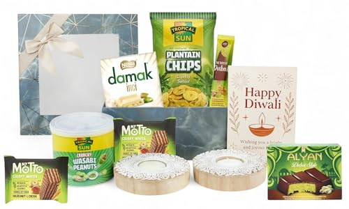 DelightBox Luxury Diwali Gift Hamper with Gourmet Snacks, Chocolate Treats, Wooden Tealight Candle Holders & Greeting Card | Perfect Festive Gift for Family, Friends & Corporate - Luxe Delight Box