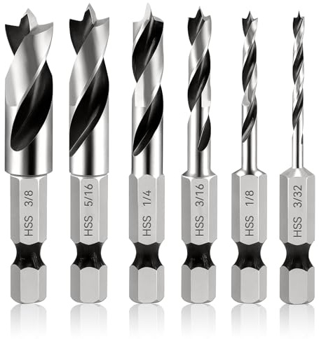 MISIQIMA 6 Stück Stubby Bohrer Set, Imperialer Holzbohrer Sechskant, 1/4 Zoll Sechskant Bohrer, Rutschfester Holzbohrer Set mit Zentrierspitze, Doppelnut-Späneabfuhr, für Weichholz, Hartholz