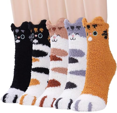 YUPZAR 5 Paia di Simpatico Cartone Animato Calzini Morbidi per Donna, Calze Termiche Invernali, Materiale in pile Corallo, Antisdrucciolevole,Regali per Donne