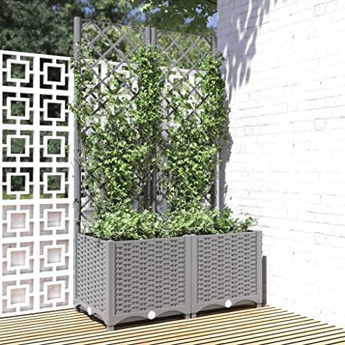 ACAGALA Fioriera con traliccio, aiuola angolare da giardino con traliccio, aiuola in polyrattan con foro di drenaggio, fioriera per piante rampicanti e piante in vaso, 80 x 40 x 136 cm, grigio chiaro