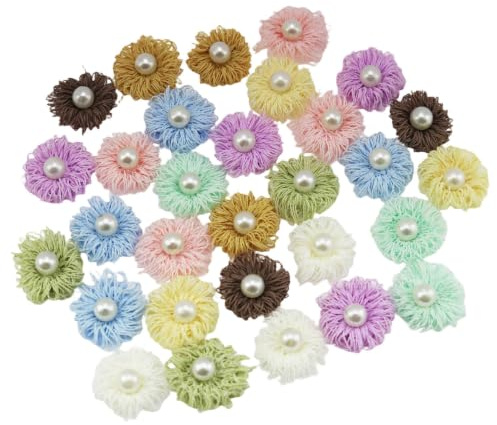 XGNG 30PCS 1.5cm Beaded Fringe Flowers Assorted Colors Yarn Flower Brooch Accessories for Vintage Headpieces Hats Bag Decorations Invitation Materials and Scrapbooking