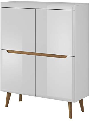 Furniture24 Kommode mit türen NORDI Schrank Hochschrank Skandinavische Stil (Weiß/Weiß Hochglanz)