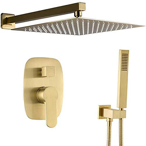 AYIVG Bathroom Brass 10 Inch Ceiling Wall Mount Rainfall Shower System Mixer Set (Wall Mount, Brushed Gold)