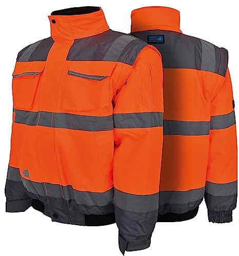 PRO FIT Warnschutz Pilotenjacke – Atmungsaktive Arbeitsjacke, Wind- & Wasserdicht, Ärmel abnehmbar, Reflexstreifen, Unisex - Gr. L, Neonorange/Grau