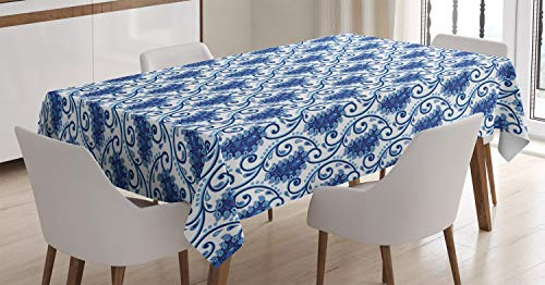 ABAKUHAUS Motif Cachemire Nappe, Fleurs et Feuilles de Lierre Points, Linge de Table Rectangulaire pour Salle à Manger Décor de Cuisine, 140 cm x 170 cm, Bleu et Blanc