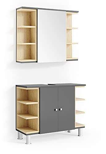 Vicco Badmöbel-Set Aquis, Anthrazit, 79.6 cm | besteht aus Badspiegel und Waschbeckenunterschrank