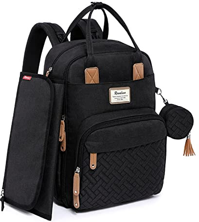 RUVALINO Baby Wickelrucksack Wickeltasche Rucksack mit tragbarer Wickelauflage, Schnullerhalter und Kinderwagengurten, Babytasche Multifunktional für Mama und Papa, Schwarz