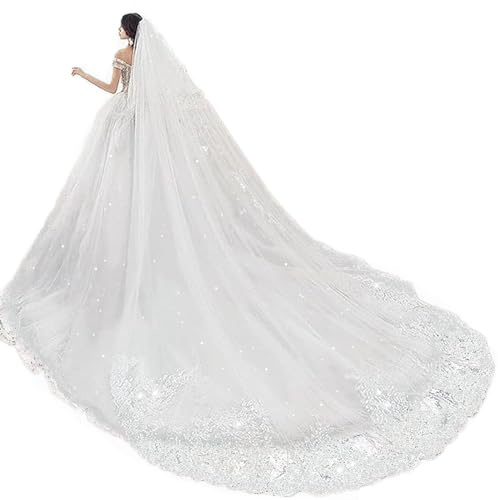 NCDIMS Hochzeitsschleier, Kathedrale, lang, 2-stöckig, Pailletten, Spitzenrand, Rouge mit Kamm, Weiss/opulenter Garten, 3 Meter