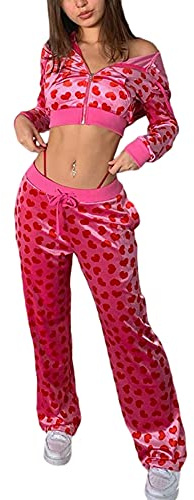 PDYLZWZY Damen 2-teiliges Samt-Trainingsanzug-Set Herz-Print-Langarm-Crop-Reißverschluss-Hoodie und Jogginghose Y2K Trainingsanzug-Set (Roter Hoodie, S)