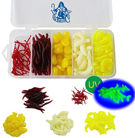 Njord Kalastus Forellen Gummiköder 150 Stück in Tackle Box Angeln | Künstliche Bienenmaden UV aktiv Kunstmais Rotwurm Larve | Forellenköder Gummi Set | Forellen Köder Angeln Set (150x Gummiköder Mix)