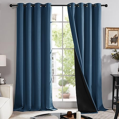 Deconovo 100% Opaque Curtain with Eyelets, Heat-Insulated Blackout Curtains, Double Layer Thermal Curtain, 214 x 132 cm (H x W), Dark Blue, Set of 2