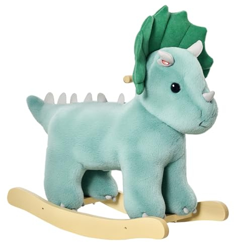 HOMCOM Jouet à Bascule Dinosaure Effet sonore Rugissement Bois de peuplier Peluche Courte Polyester Vert d'eau dim. 64L x 30l x 54H cm