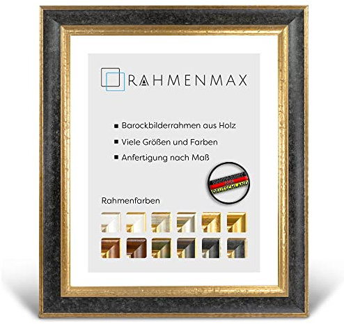 RahmenMax® Barock Bilderrahmen 61x91,5 cm Glarus zum Aufhängen/Vintage Bilderrahmen Maßanfertigung möglich/Posterrahmen aus Holz/Bilder Rahmen in Schwarz-Gold mit Acrylglas/Puzzle Rahmen